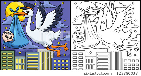 Baby Shower Stork with Baby Coloring Illustration  125880038