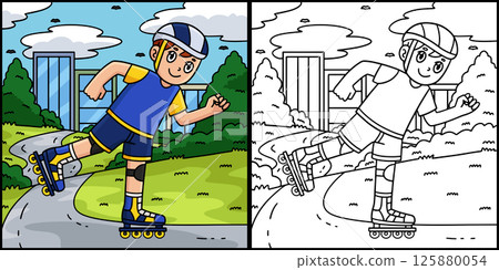 Inline Skating Boy Coloring Page Illustration  125880054