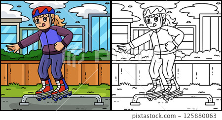 Female Inline Skater Grinding on Rail Illustration 125880063