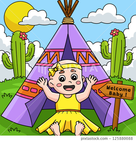 Baby Shower Baby Girl Celebration Colored Cartoon Baby Shower Baby Girl Celebration Colored Cartoon 125880088