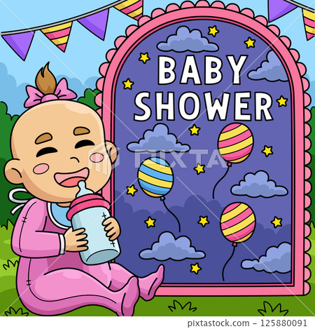Baby Shower Baby Drinking Milk Colored Cartoon  125880091