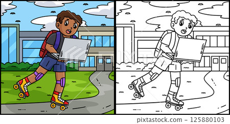 Roller Skating Boy with a Laptop Illustration Roller Skating Boy with a Laptop Illustration 125880103