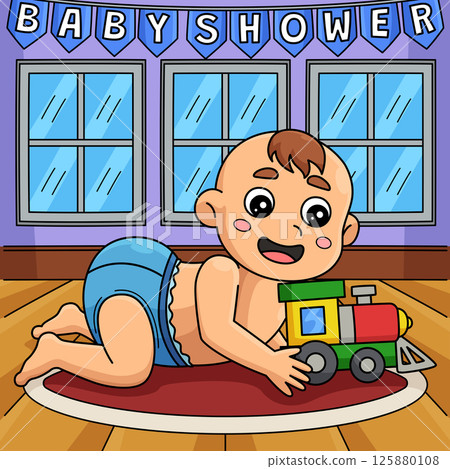 Baby Shower Baby Boy Playing Toys Colored Cartoon Baby Shower Baby Boy Playing Toys Colored Cartoon 125880108