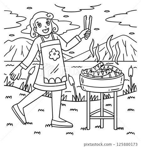 BBQ and Mom Grilling Sausages Coloring Page BBQ and Mom Grilling Sausages Coloring Page 125880173