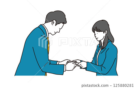 Male and female business people exchanging business cards Male and female business people exchanging business cards 125880281