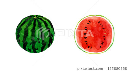 Watermelon cut in half, hand-drawn watercolor illustration of summer fruit Watermelon cut in half, hand-drawn watercolor illustration of summer fruit 125880368