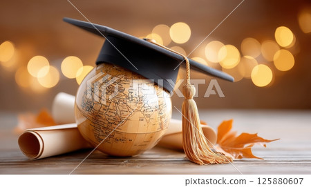 Graduation cap on a world globe with autumn leaves 125880607