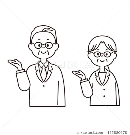 Introducing an illustration of a senior man and woman wearing glasses, upper body Introducing an illustration of a senior man and woman wearing glasses, upper body 125880678