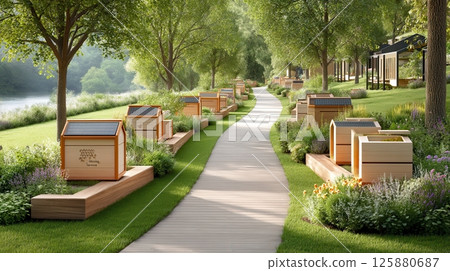 AI-Eco Future Style concept. A peaceful park pathway lined with trees and gardens 125880687