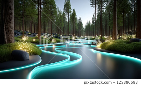 AI-Eco Future Style concept. A serene glowing river flowing through a magical forest landscape 125880688