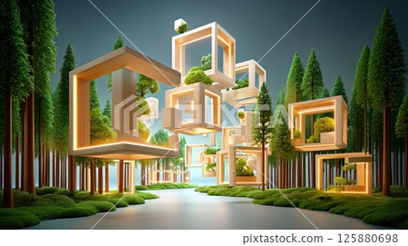 AI-Eco Future Style concept. Futuristic biotech campus with modular structures collecting solar data AI-Eco Future Style concept. Futuristic biotech campus with modular structures collecting solar data 125880698