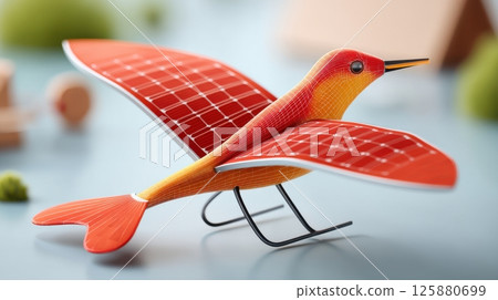 AI-Eco Future Style concept. Futuristic bird with solar panel wings soaring through the sky AI-Eco Future Style concept. Futuristic bird with solar panel wings soaring through the sky 125880699
