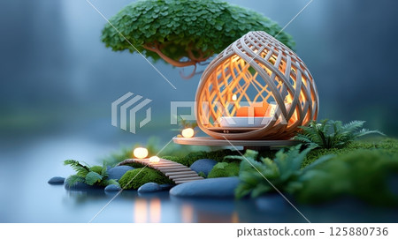 AI-Eco Future Style concept. Floating bamboo meditation chamber in a serene natural setting 125880736