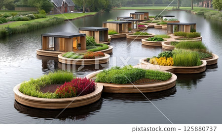 AI-Eco Future Style concept. Floating island with biogenetic crops and AI controlled systems 125880737