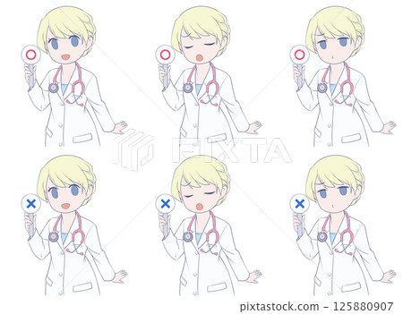 金髮女醫生拿著格子棍，3 種面部表情和 2 種符號 125880907