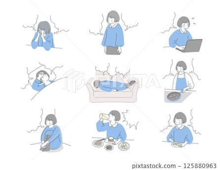 插圖集：一位身體不適、帶有講話泡泡的女士 125880963