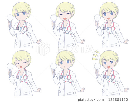 Blonde female doctor holding a blank placard, set of 6 facial expressions 125881150
