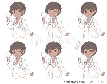 A dark-skinned female doctor holding a plain placard, set of six facial expressions 125881152