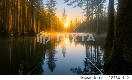 The morning sun that plugs into the forest 125881440