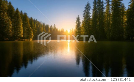 Forest and lake illuminated by the morning sun 125881441
