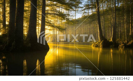 Forest and lake illuminated by the morning sun 125881442