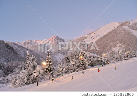 A beautiful ski resort illuminated by the morning sun 125881906