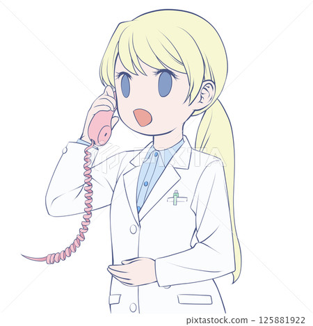 Blonde female pharmacist talking on the phone, smiling Blonde female pharmacist talking on the phone, smiling 125881922