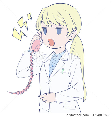 金髮女藥劑師打電話,生氣 金髮女藥劑師打電話,生氣 125881925