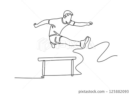 Single continuous line drawing young athlete jumping over hurdle during training on race track in athletic stadium. Man hurdler runner overcoming barrier. One line graphic design vector illustration Single continuous line drawing young athlete jumping over hurdle during training on race track in athletic stadium. Man hurdler runner overcoming barrier. One line graphic design vector illustration 125882093