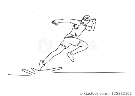 Single one line drawing active male athlete starting his sprint on running track. Speed and endurance. Concept of sport, marathon, competition. Continuous line draw design graphic vector illustration 125882101