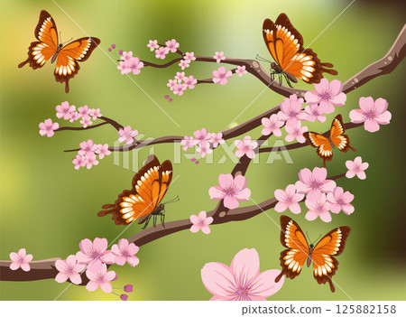 Butterflies on Cherry Blossom Branch Vector Illustration 125882158