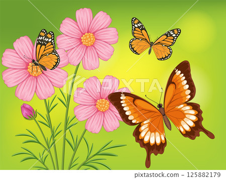 Butterflies and Pink Flowers on Green Background Butterflies and Pink Flowers on Green Background 125882179