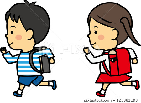 小學男孩和女孩背著書包奔跑 小學男孩和女孩背著書包奔跑 125882198