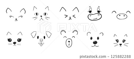 Cute animal faces, pet comic doodle with expressions. Set heads with delicious lick tongue, mouth, adorable emotions. Comic cartoon or kawaii fanny pet Cute animal faces, pet comic doodle with expressions. Set heads with delicious lick tongue, mouth, adorable emotions. Comic cartoon or kawaii fanny pet 125882288