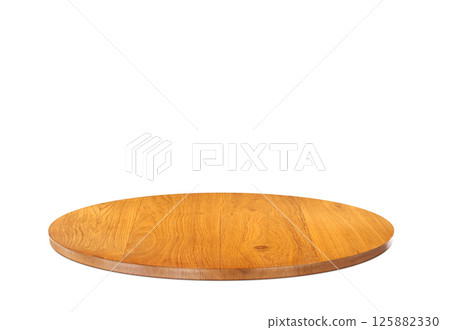 Empty round wooden board on white background. 125882330