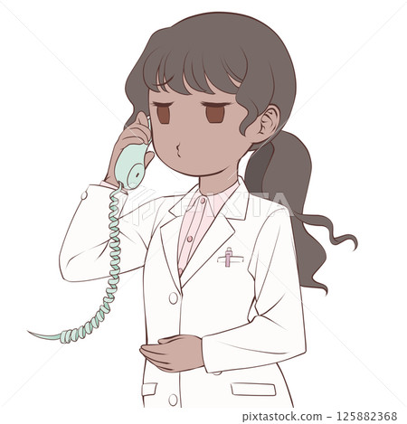 A dark-skinned female pharmacist talking on the phone, pouting A dark-skinned female pharmacist talking on the phone, pouting 125882368