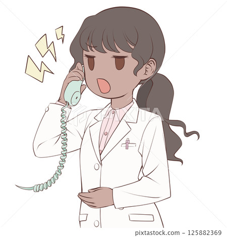 A dark-skinned female pharmacist talking on the phone, angry A dark-skinned female pharmacist talking on the phone, angry 125882369