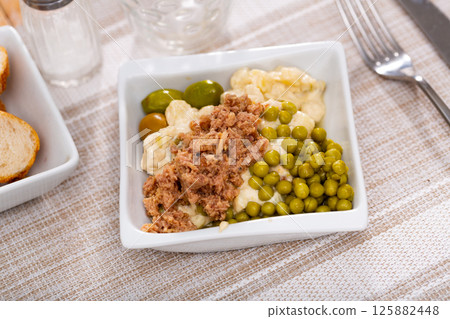 Banquet in restaurant - Spanish salad with potatoes, tuna, olives and egg Banquet in restaurant - Spanish salad with potatoes, tuna, olives and egg 125882448