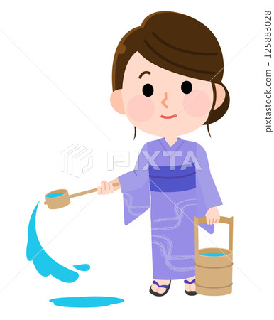 穿著浴衣的女人灑水的插圖 125883028