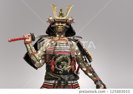 3D illustration of a samurai with a sword on his shoulder 3D illustration of a samurai with a sword on his shoulder 125883033