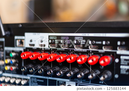 Connecting devices audio interface setup a studio technology equipment close-up view Connecting devices audio interface setup a studio technology equipment close-up view 125883144