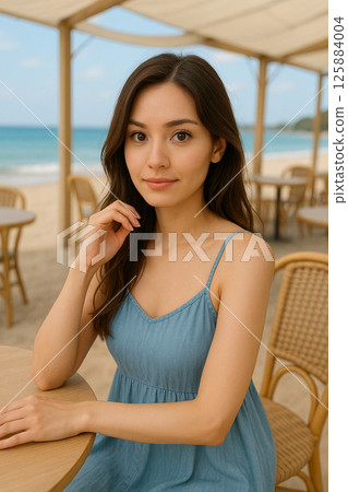 Beautiful woman relaxing at beach cafe - Summer relaxation and nature scenery 125884004