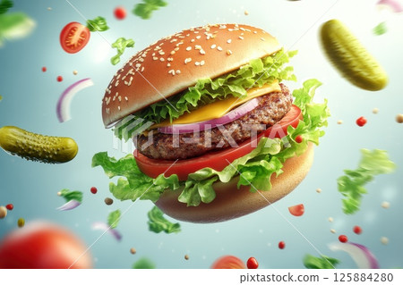 A Delicious Cheeseburger with Fresh Ingredients Floating in Mid-Air Surrounded by Vegetables A Delicious Cheeseburger with Fresh Ingredients Floating in Mid-Air Surrounded by Vegetables 125884280