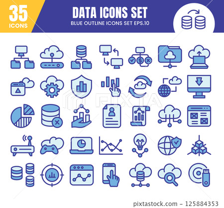 Database blue color outline icons set.Data analysis, statistics,web signs.Vector illustration 125884353