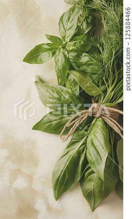 Close-up of vibrant basil, dill, and parsley bundles tied with natural twine, presented on a neutral, matte background in soft ivory tones. Vertical composition . Close-up of vibrant basil, dill, and parsley bundles tied with natural twine, presented on a neutral, matte background in soft ivory tones. Vertical composition . 125884466