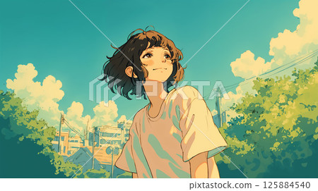公園裡仰望天空的女孩 125884540