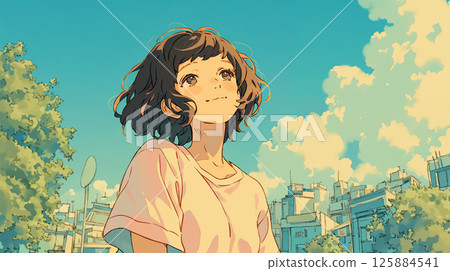 公園裡仰望天空的女孩 公園裡仰望天空的女孩 125884541
