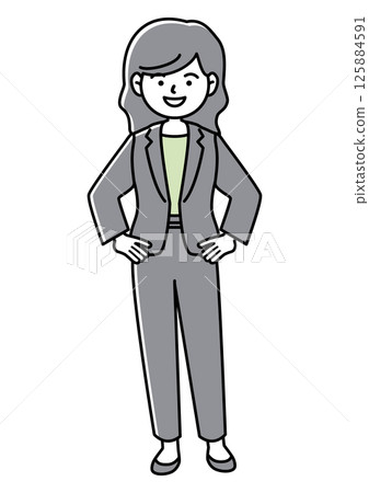 Front view vector illustration of a woman in a suit with her hands on her hips and smiling while looking at the camera Front view vector illustration of a woman in a suit with her hands on her hips and smiling while looking at the camera 125884591