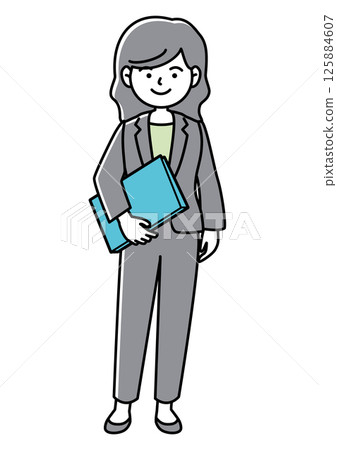 Front view vector illustration of a woman in a suit smiling with documents in her hands Front view vector illustration of a woman in a suit smiling with documents in her hands 125884607