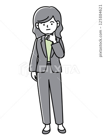 Front view vector illustration of a woman in a suit tilting her head with her hand on her chin 125884621